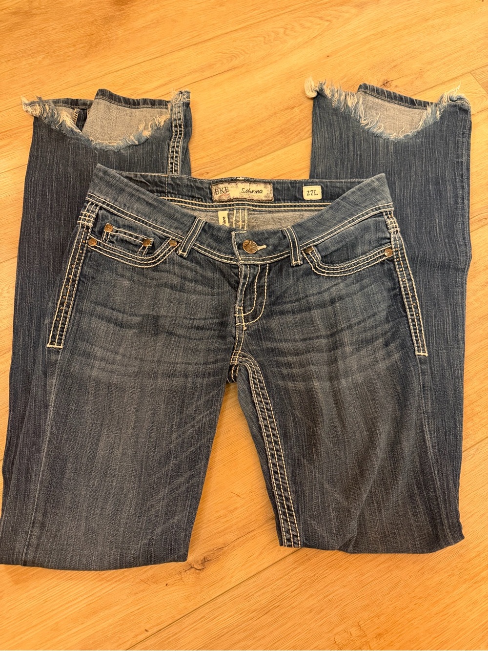 BKE Women's Dark Blue Boot Cut Jeans with Raw Hem